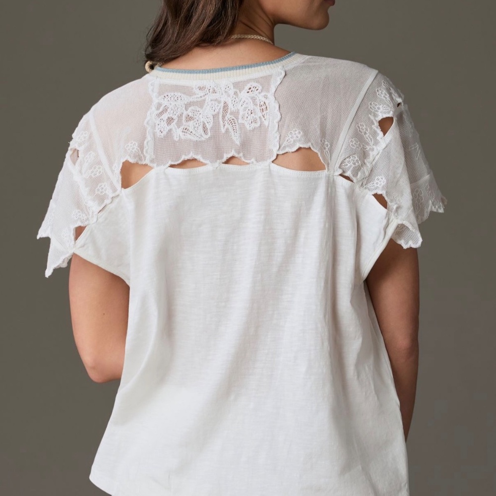 Anthropologie Short-Sleeve V-neck White Lace Cotton Shoulder Top Size XS